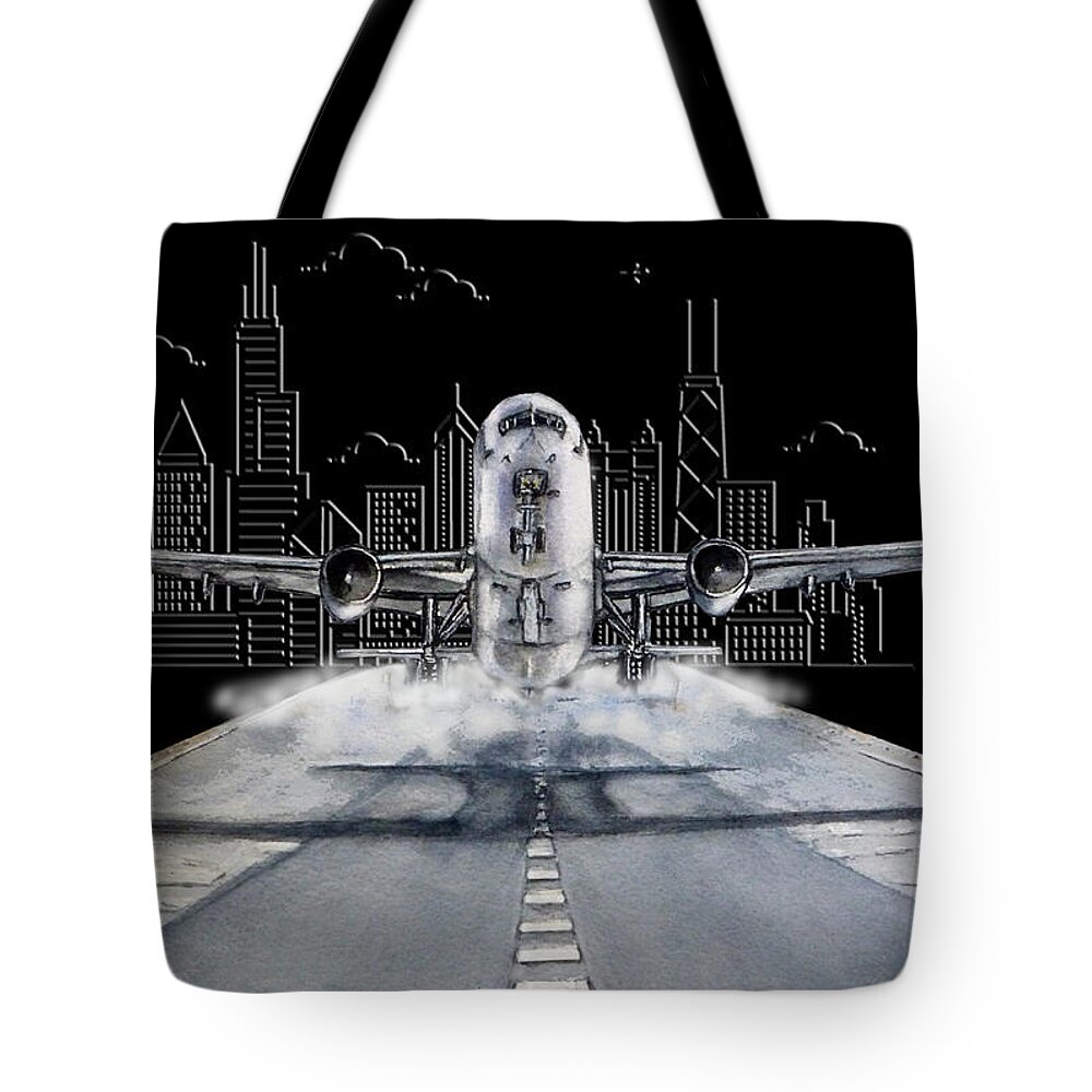 Plane Tote Bag featuring the mixed media Midnight Take Off by Kelly Mills