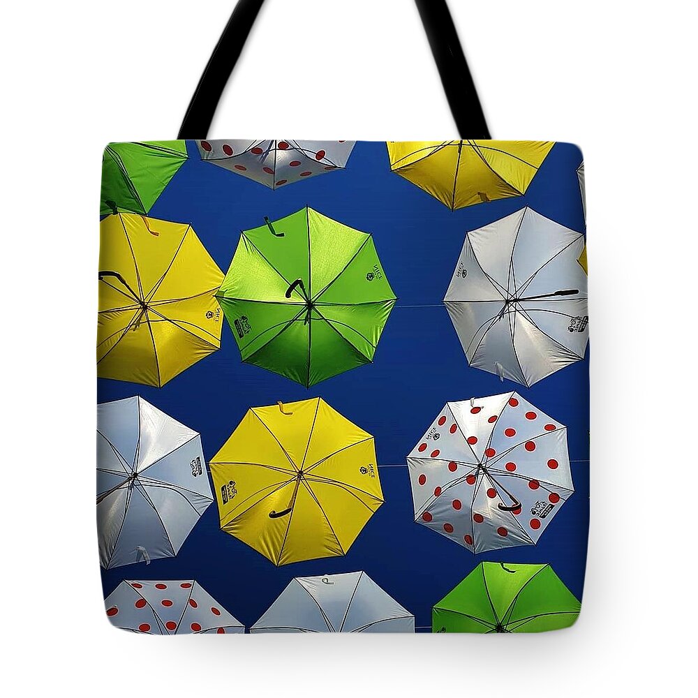Umbrellas Tote Bag featuring the photograph Might Rain by Andrea Whitaker
