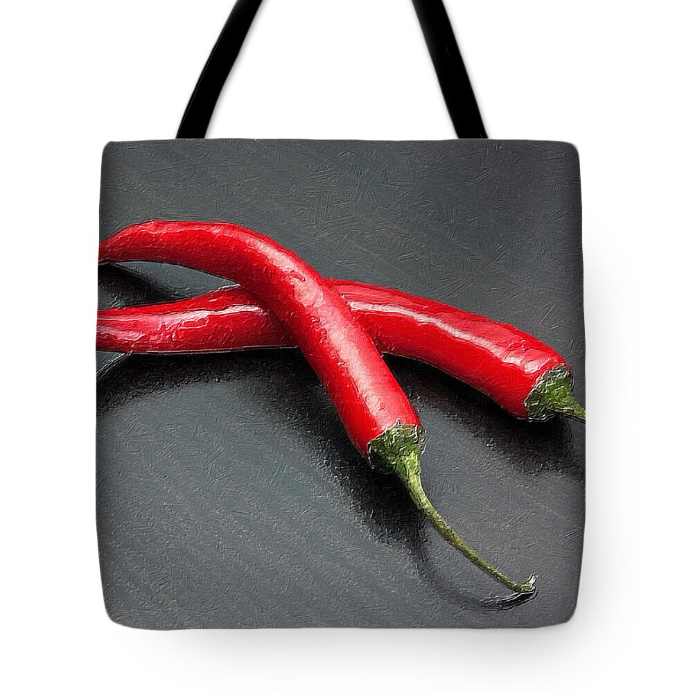 Spices Tote Bag featuring the painting Mild Medium Hot Fire Breathing Red Chili Peppers by Tony Rubino