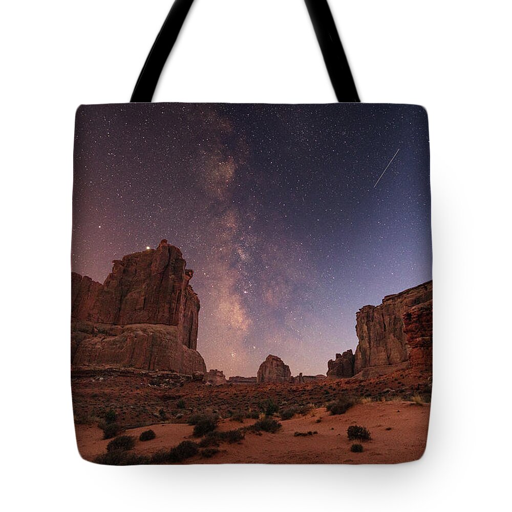 Night Milky Way Arches National Park Moab Utah Southwest Canyonlands Colorado Plateau Courthouse Towers Tote Bag featuring the photograph Milky Way and Meteors by Dan Norris