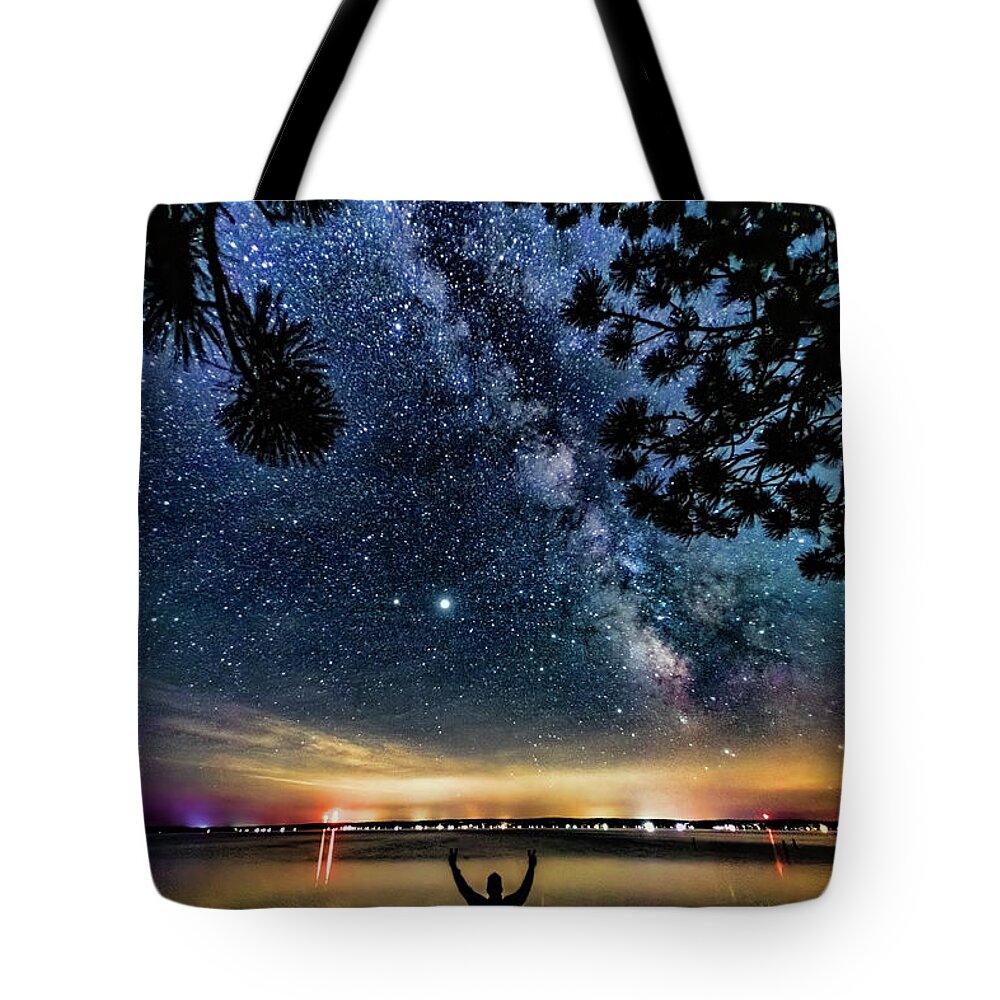 Higgins Lake Tote Bag featuring the photograph Milky Way Higgins Lake Summer Solstice 2020 by Joe Holley