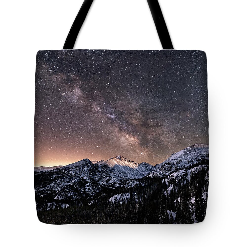 Mountain Tote Bag featuring the photograph Milky Way Over Longs Peak by Chuck Rasco Photography