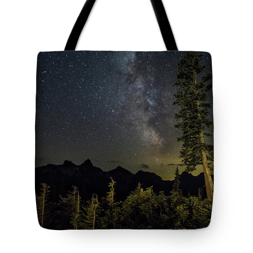 Tatoosh Range Tote Bag featuring the photograph Milky Way over the Tatoosh Range at Mount Rainier by Belinda Greb
