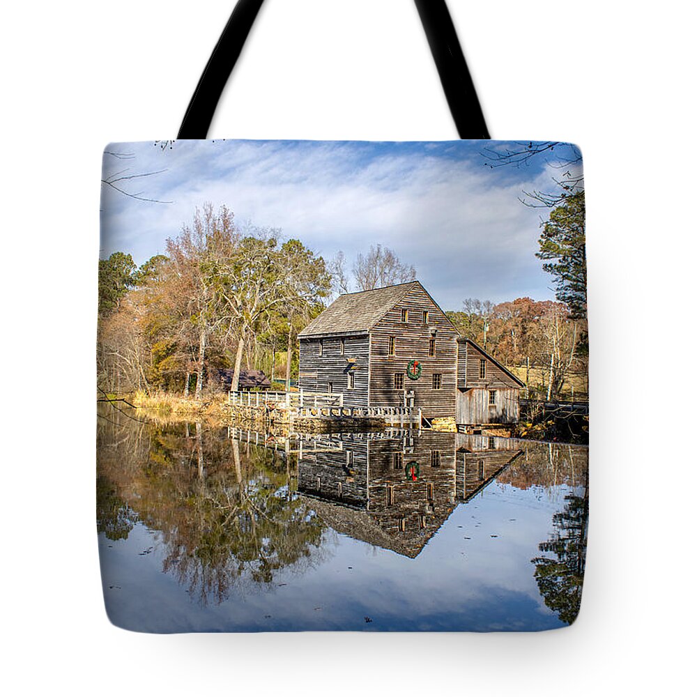 Reflection Tote Bag featuring the photograph Mill holiday reflection by Rick Nelson