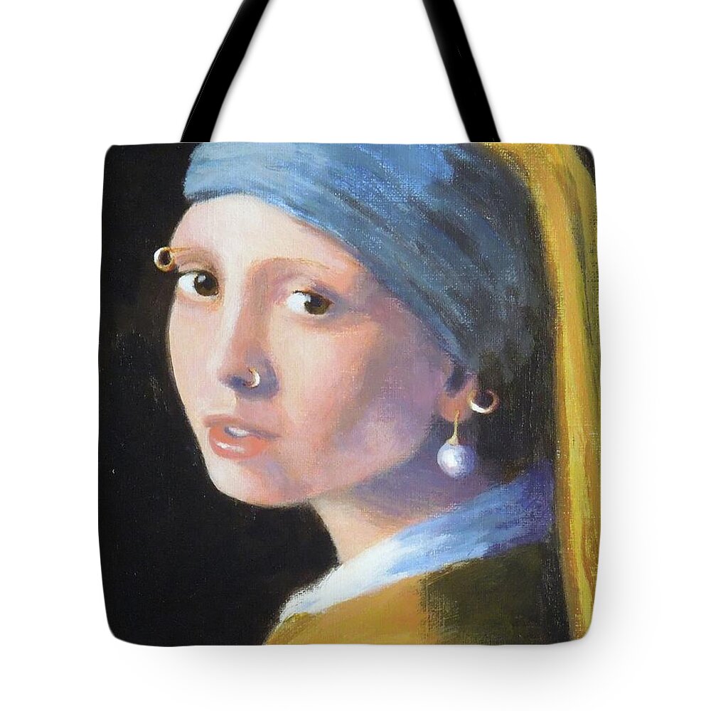 Girl With A Pearl Earring Tote Bag featuring the painting Millennial Girl with a Pearl Earring by Phyllis Andrews