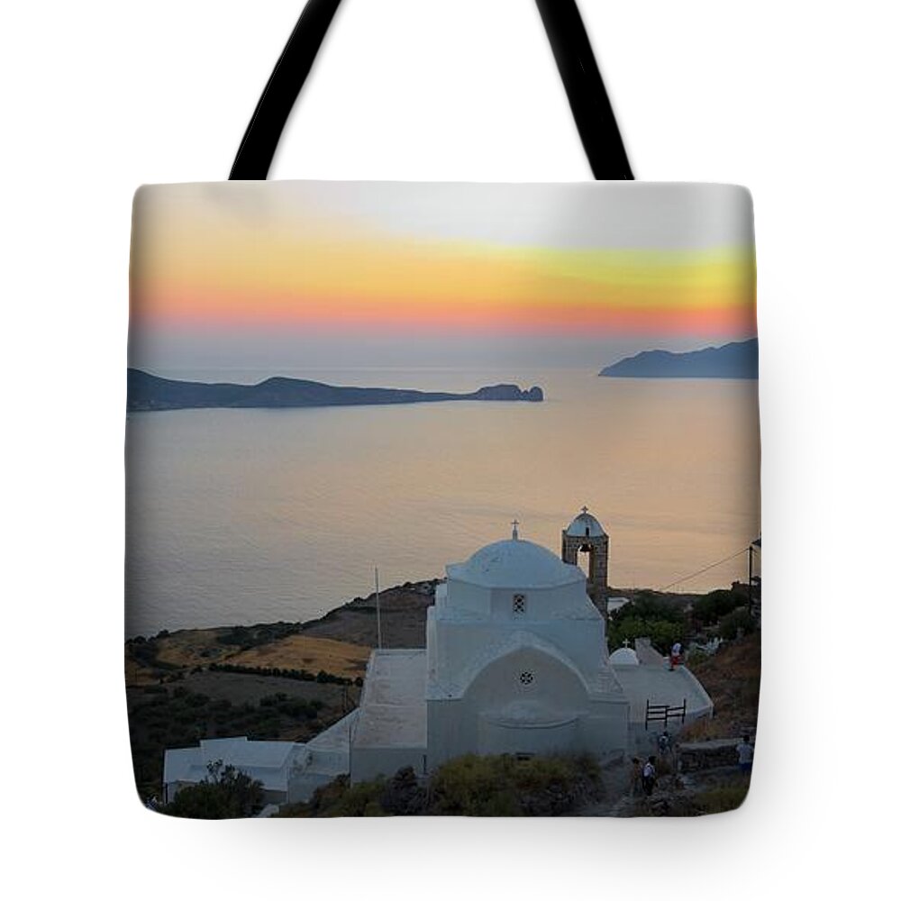  Village Tote Bag featuring the photograph Milos Plaka Sunset by Sean Hannon