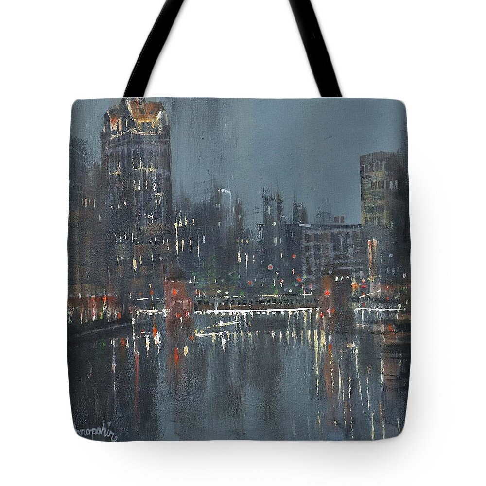 Milwaukee Tote Bag featuring the painting Milwaukee Riverwalk by Tom Shropshire
