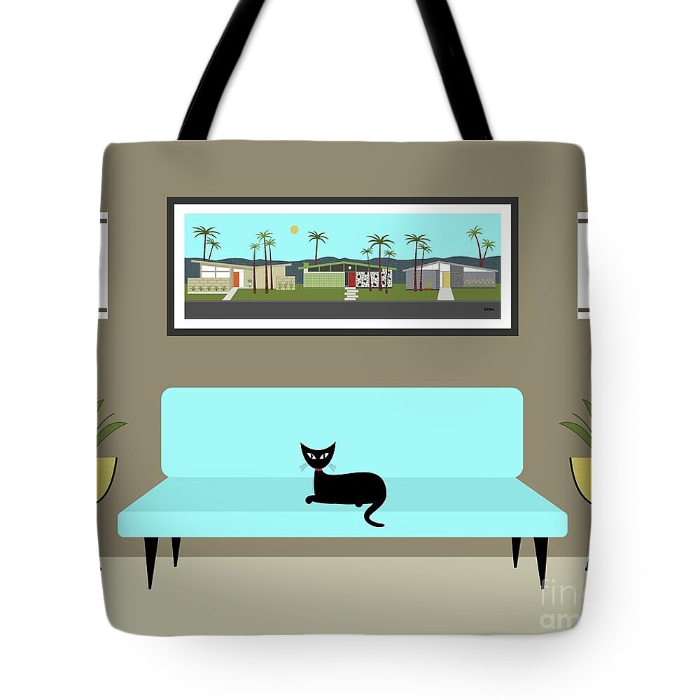 Mid Century Cat Tote Bag featuring the digital art Mini Mid Century Neighborhood by Donna Mibus
