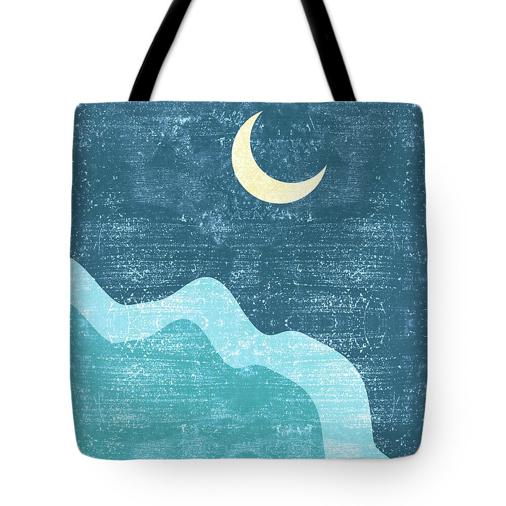 Moon Tote Bag featuring the mixed media Minimal Crescent Moon Cloud - Modern, Contemporary Abstract Print - Zen, Contemplative - Blue by Studio Grafiikka
