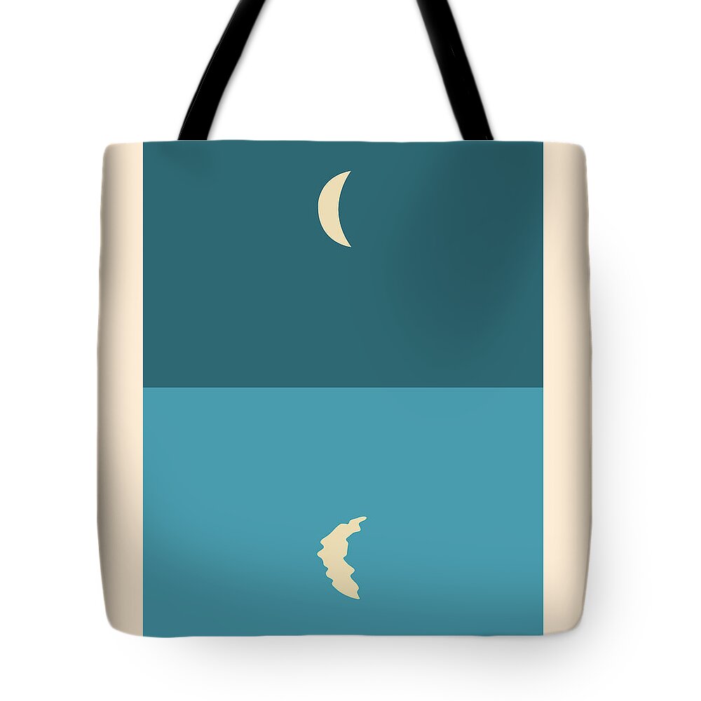 Moon Tote Bag featuring the mixed media Minimal Crescent Moon Reflection - Modern, Contemporary Abstract Print - Zen, Contemplative - Blue by Studio Grafiikka