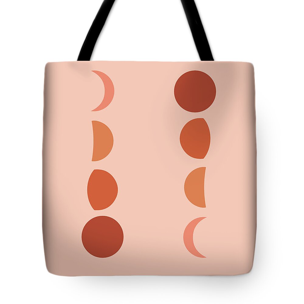 Moon Phases Tote Bag featuring the mixed media Minimal Moon Phases - Lunar Cycle Print - La Luna - Mid-century modern, Scandinavian Abstract by Studio Grafiikka