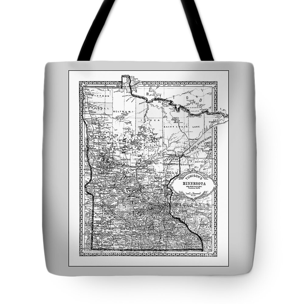 Minnesota Tote Bag featuring the photograph Minnesota Historical Map 1885 Black and White by Carol Japp