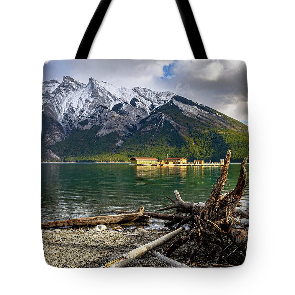 Lake Tote Bag featuring the photograph Minnewanka Boat House by Thomas Nay