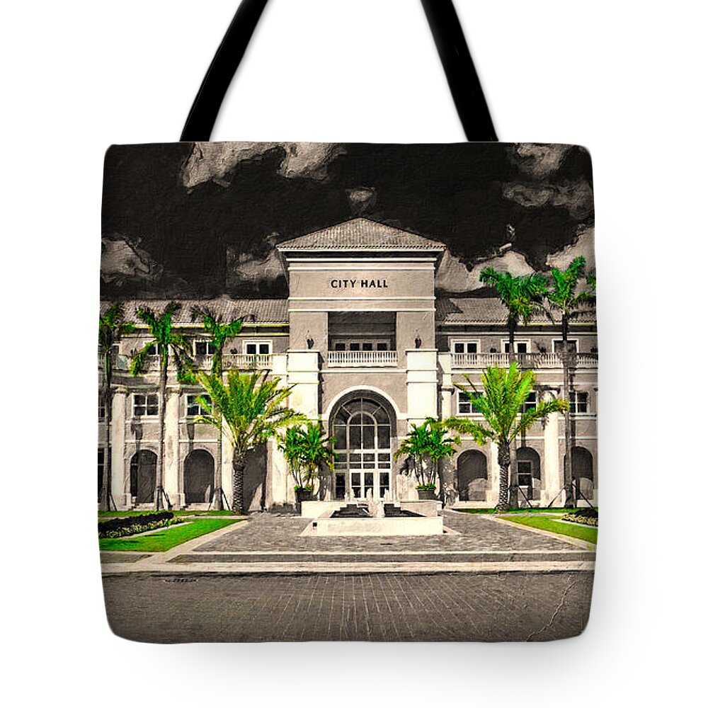 Miramar City Hall Tote Bag featuring the digital art Miramar city hall building in black and white with the green of the vegetation isolated by Nicko Prints
