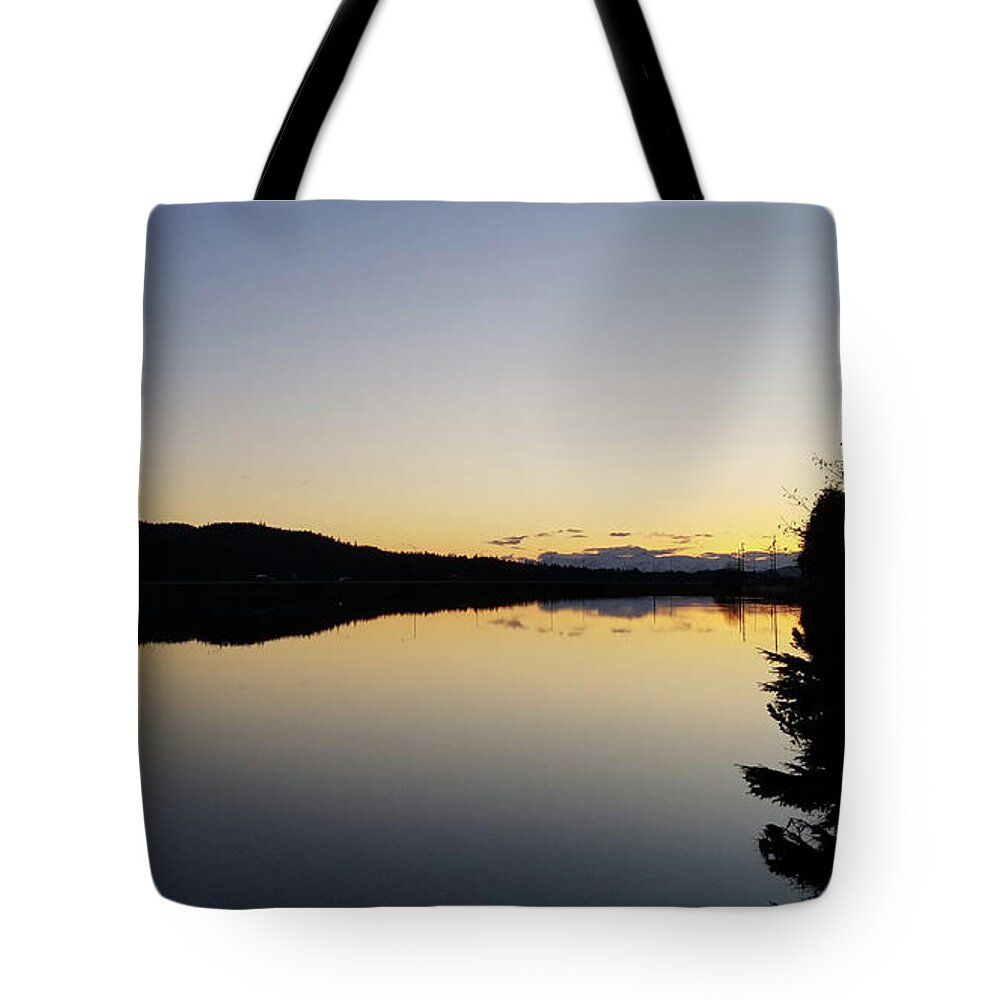 #alaska #juneau #ak #cruise #tours #vacation #peaceful #reflection #twinlakes #douglas #capitalcity #clearskies #postcard #evening #dusk #sunset Tote Bag featuring the photograph Mirror Image at Nightfall by Charles Vice
