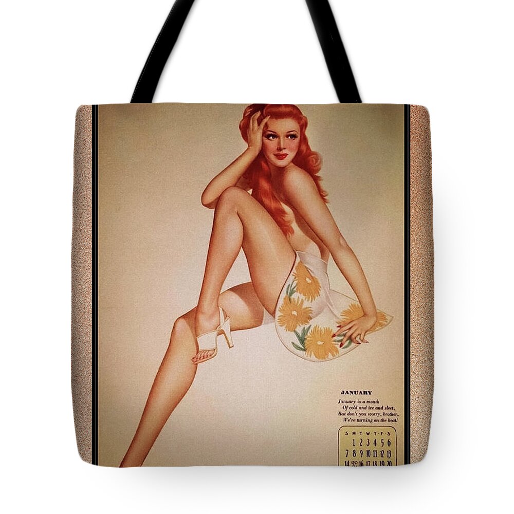 Miss January Tote Bag featuring the painting Miss January Varga Girl 1944 Pin-up Calendar by Alberto Vargas Vintage Pin-Up Girl Art by Rolando Burbon