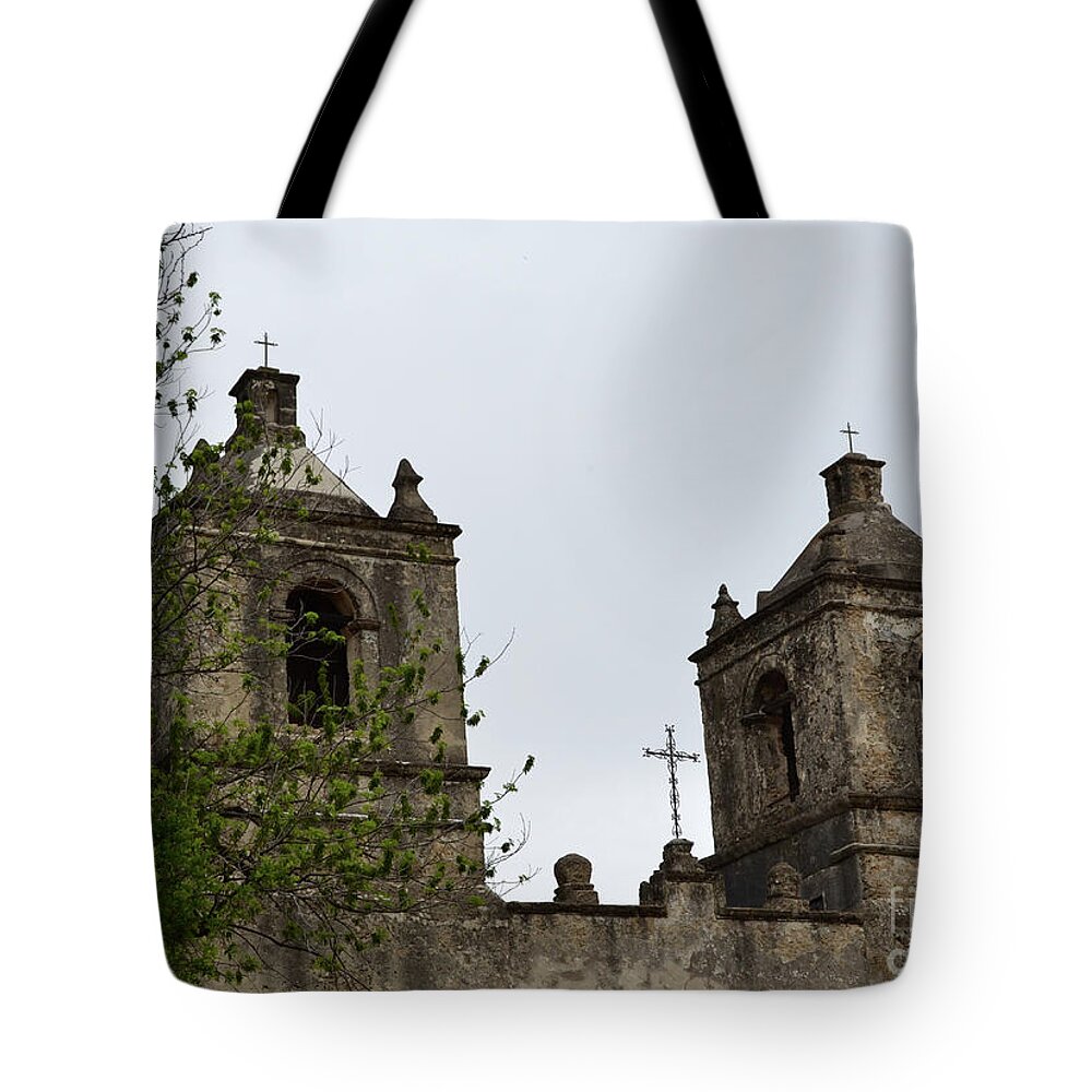 Historical Photograph Tote Bag featuring the photograph Mission Concepcion Towers and Cross by Expressions By Stephanie