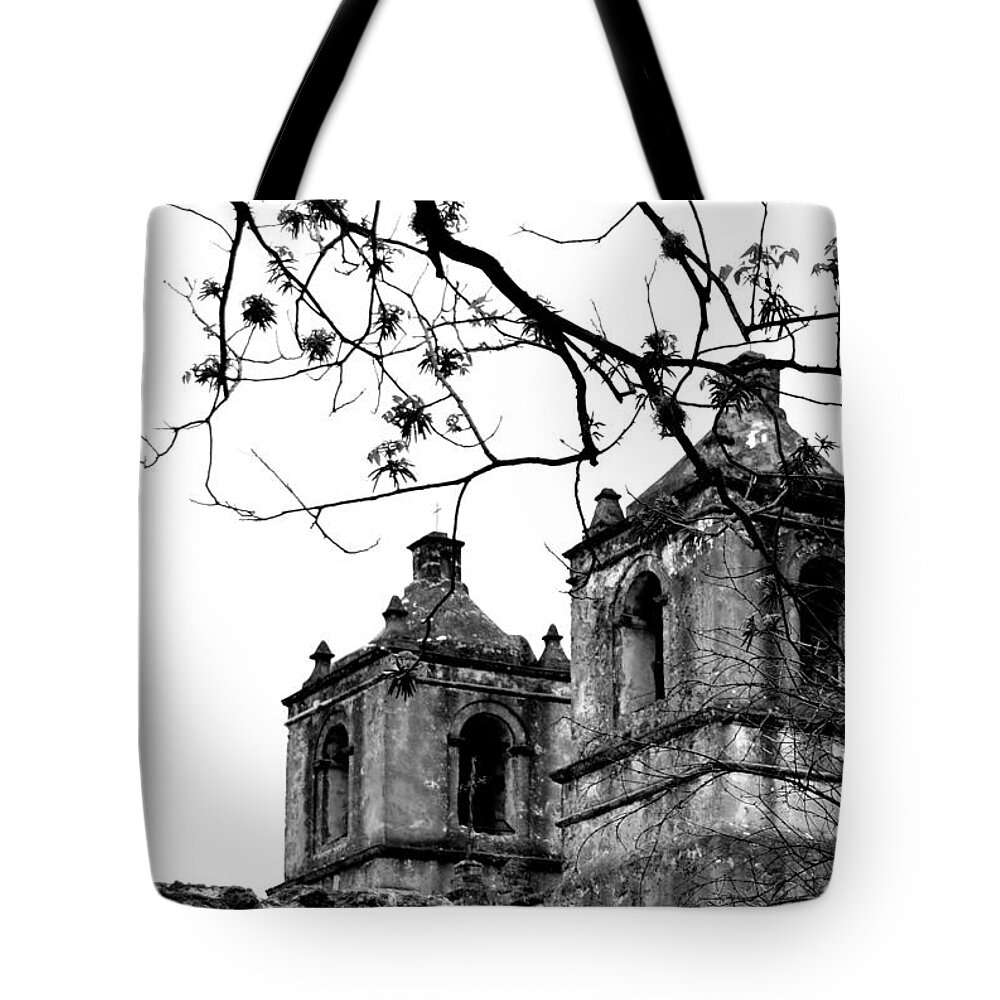 Historical Photograph Tote Bag featuring the photograph Mission Concepcion Towers and Tree in Black and White by Expressions By Stephanie