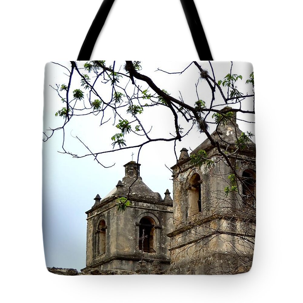Historical Photograph Tote Bag featuring the photograph Mission Concepcion Towers by Expressions By Stephanie