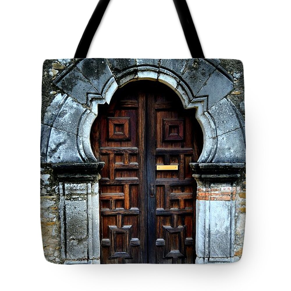 Church Door Photograph Tote Bag featuring the photograph Mission Espada Door by Expressions By Stephanie