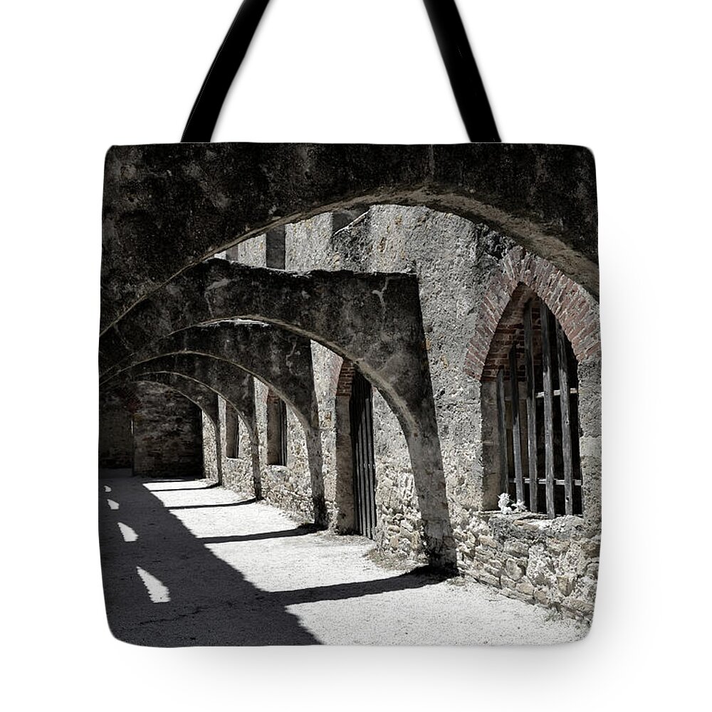 Historical Photograph Tote Bag featuring the photograph Mission San Jose Arches No One by Expressions By Stephanie