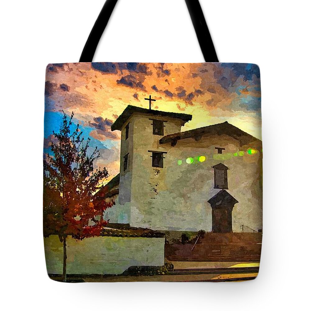 Mission San Jose Tote Bag featuring the digital art Mission San Jose in Fremont, California - watercolor painting by Nicko Prints