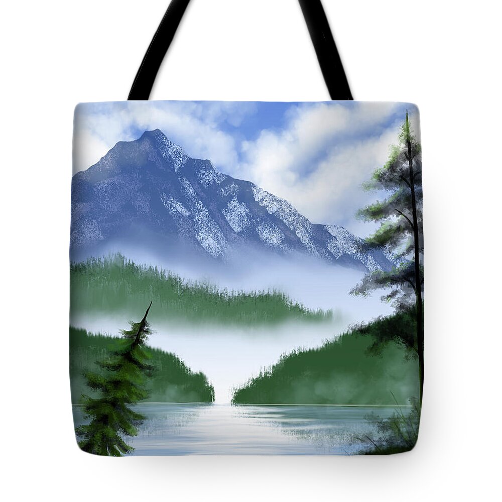 Landscape Tote Bag featuring the digital art Misty Forest Lake by Rohvannyn Shaw