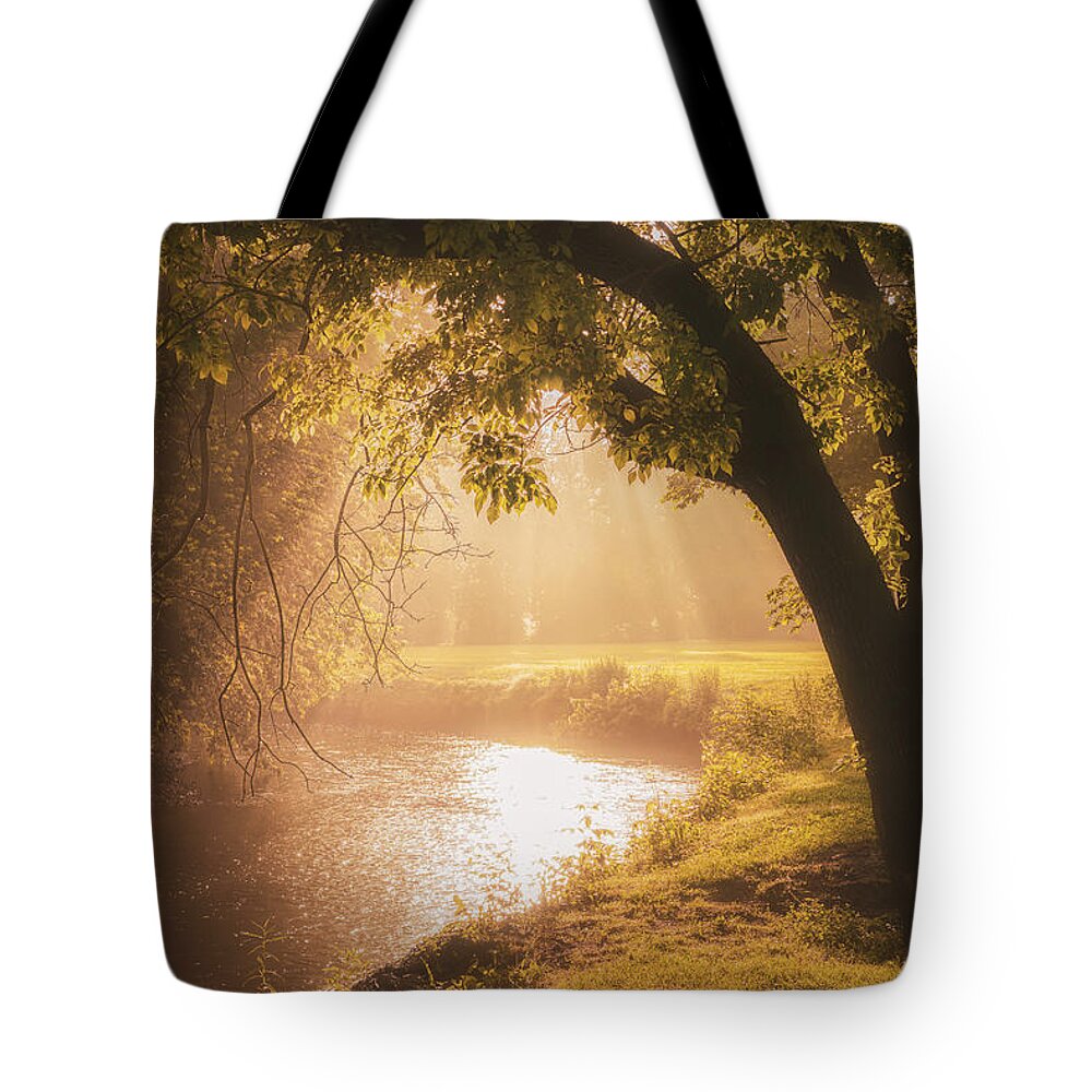 Sunrise Tote Bag featuring the photograph Misty Morning Sunrise Over Jordan Creek by Jason Fink