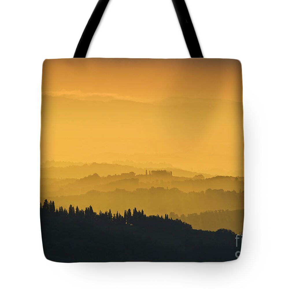 Tuscany Landscape Tote Bag featuring the photograph Misty morning sunrise, Tuscany, Italy by Neale And Judith Clark