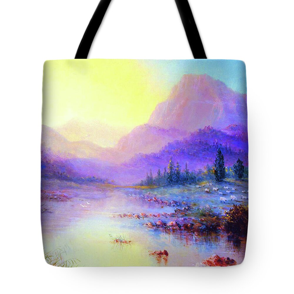 Landscape Tote Bag featuring the painting Misty Mountain Melody by Jane Small
