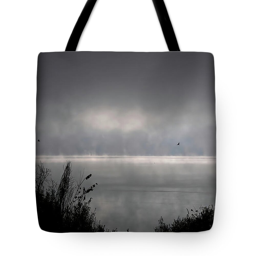 Pa Tote Bag featuring the digital art Misty Sunrise At Bald Eagle State Park by Lois Bryan