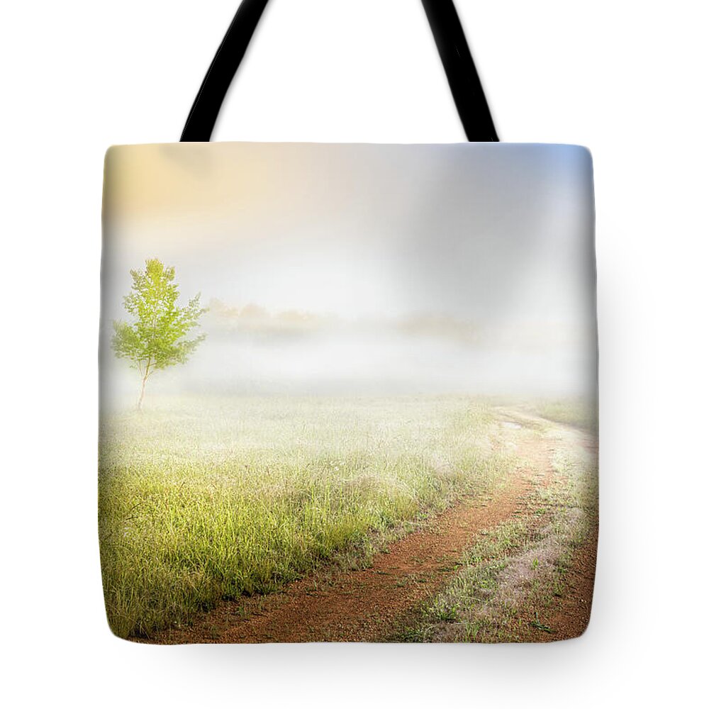 Tree Tote Bag featuring the photograph Misty Sunrise On Country Roads by Jordan Hill