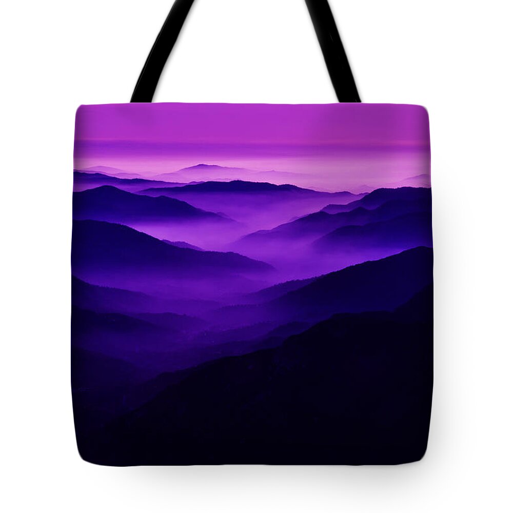 Valley Fog Tote Bag featuring the photograph Purple Mist -- Fog-Filled Valley in the Sierra Nevada Foothills, California by Darin Volpe