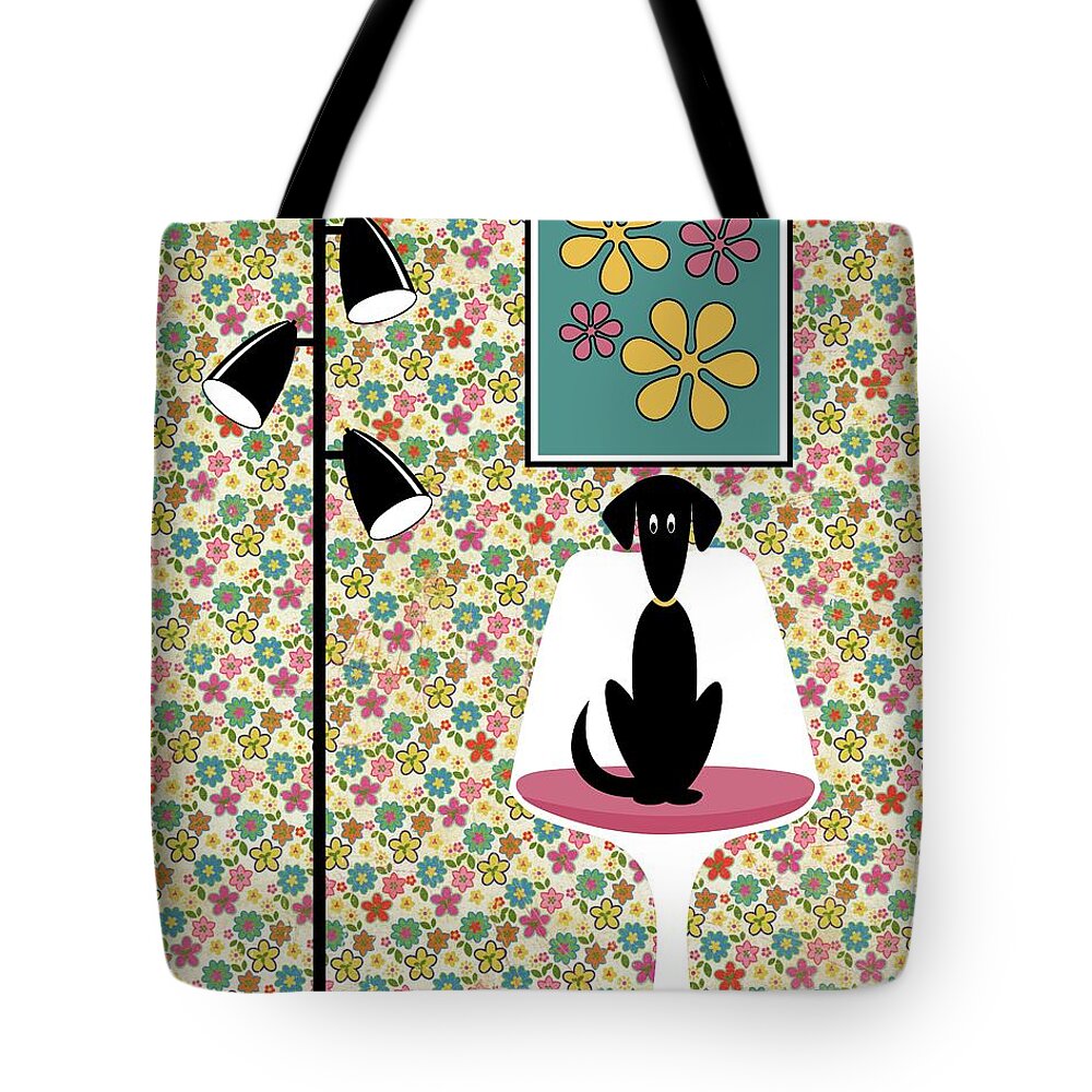 Mid Century Modern Tote Bag featuring the digital art Mod Floral Wallpaper with Dog by Donna Mibus