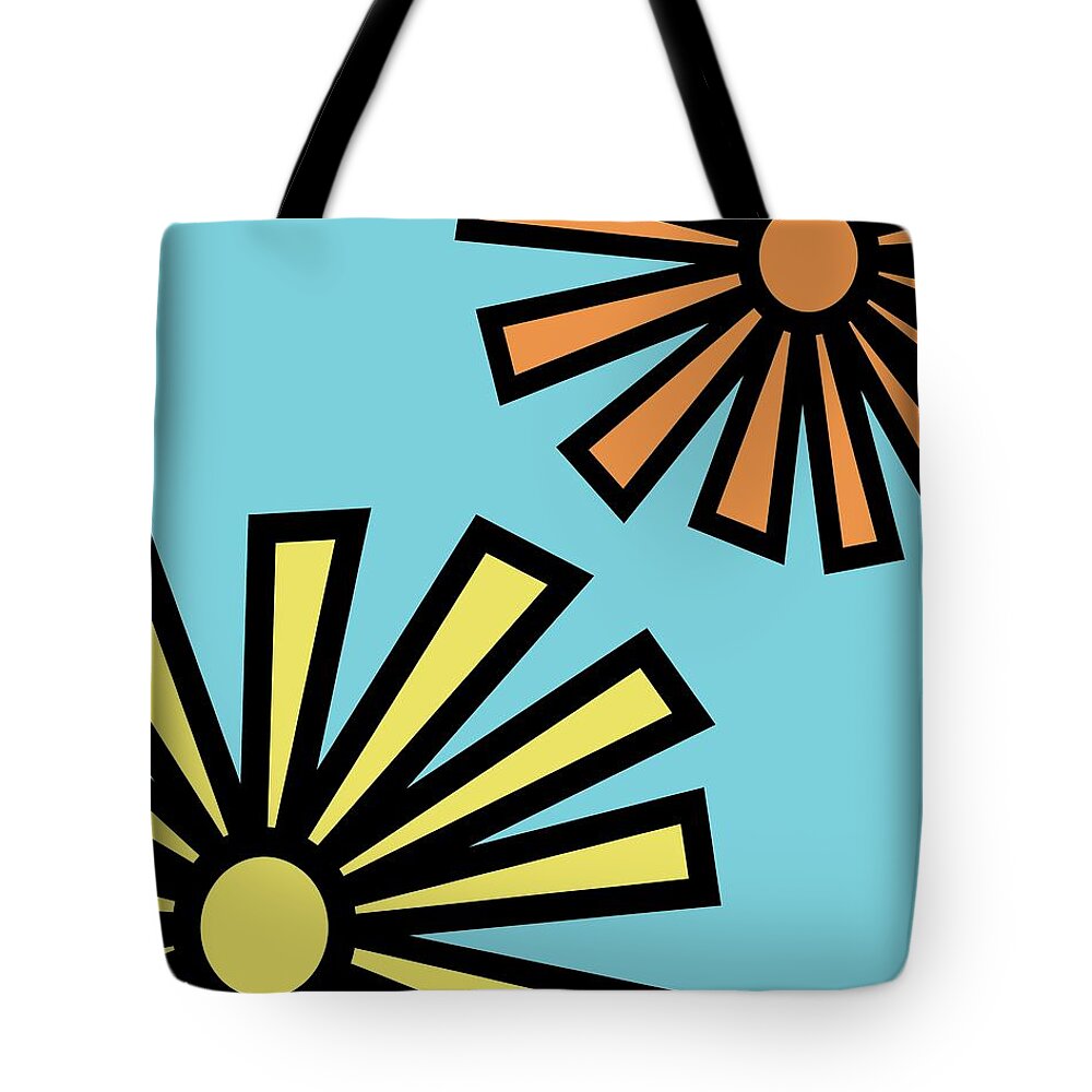 Mod Tote Bag featuring the digital art Mod Flowers 4 on Blue by Donna Mibus