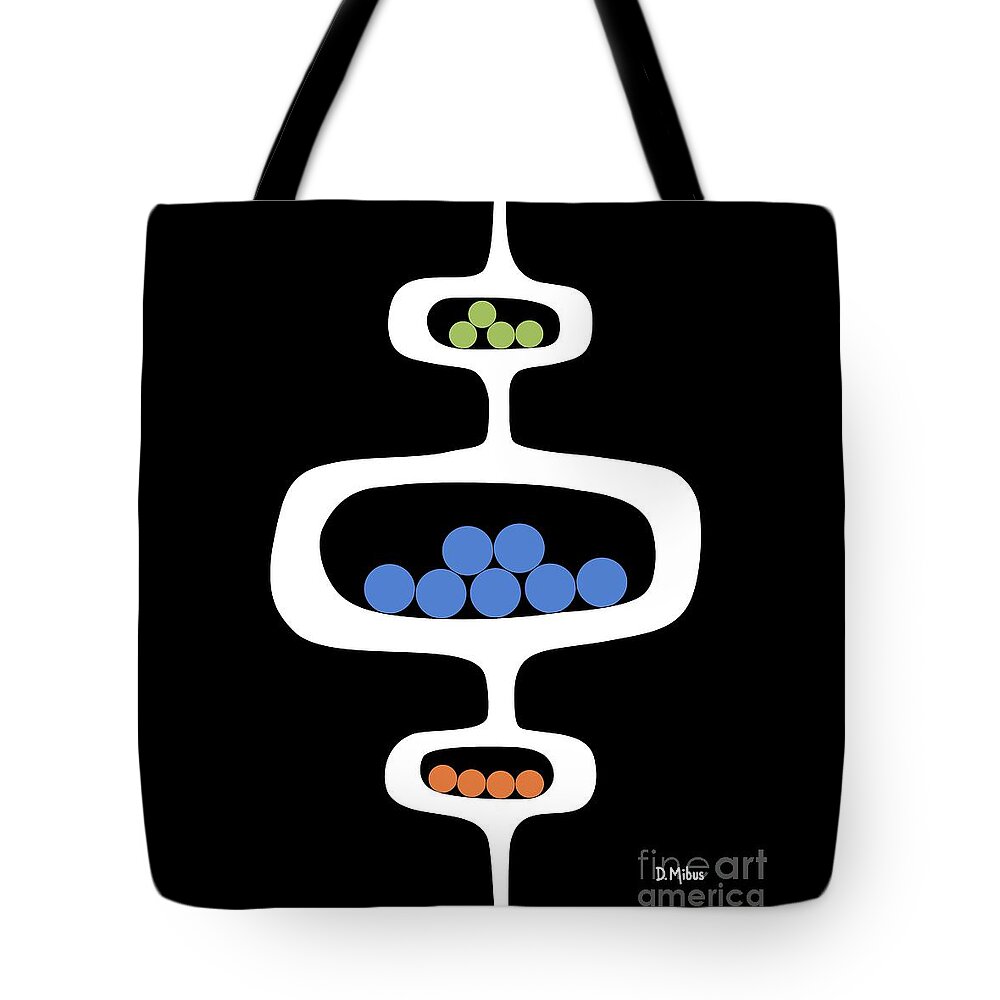 Mid Century Pods Tote Bag featuring the digital art Mod Pod 1 with Circles on Black by Donna Mibus