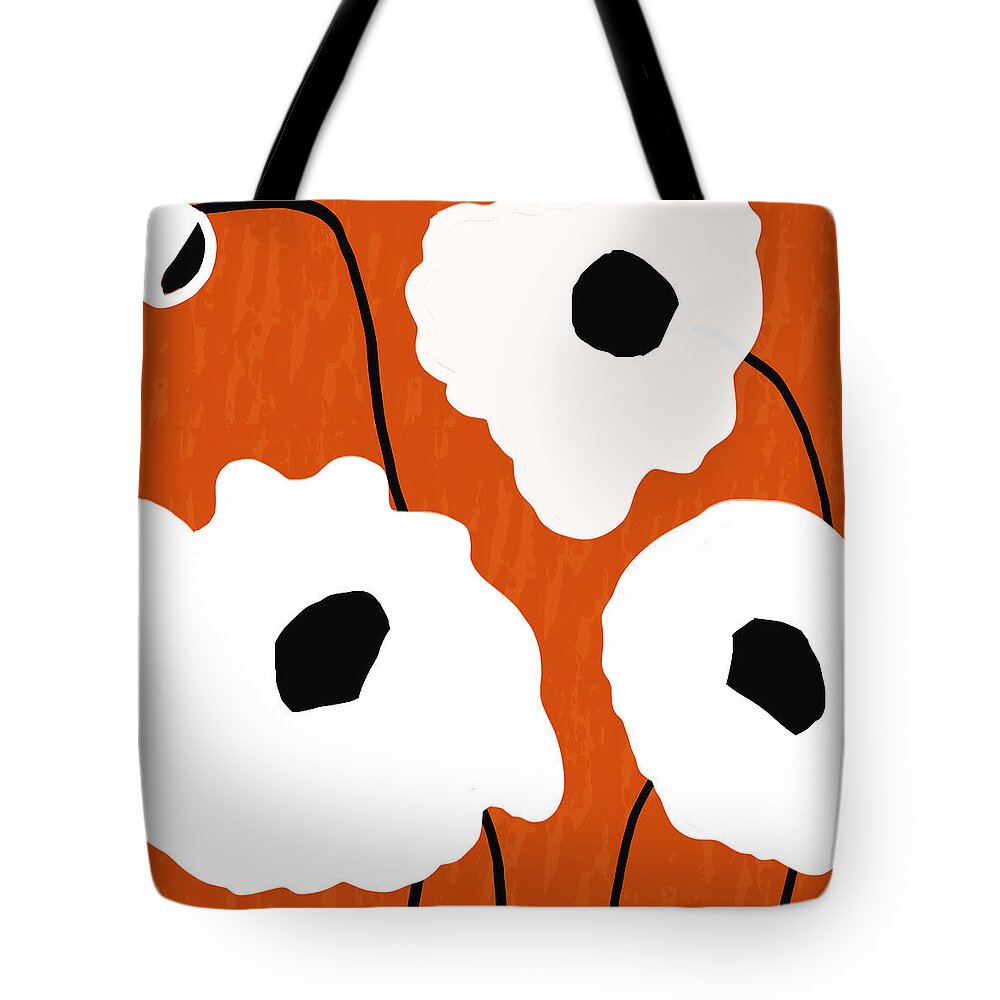 Orange Tote Bag featuring the mixed media Mod Poppies Orange 2- Art by Linda Woods by Linda Woods