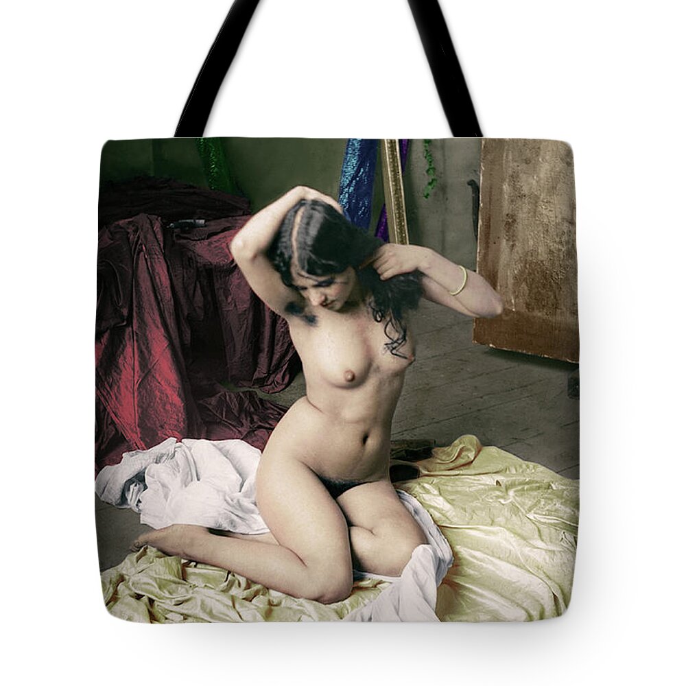 Model Nude Artistic Silk Sexy Vintage 1900s Girl Colorization Colorized Colors Photomanipulation Tote Bag featuring the mixed media Model on Silk by Franchi Torres