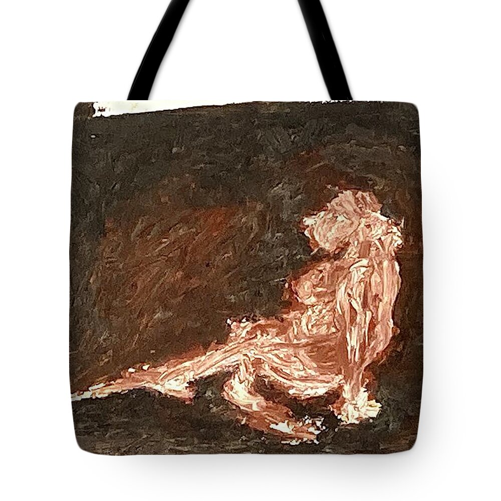 Pink Tote Bag featuring the painting Model sitting on the floor by David Euler