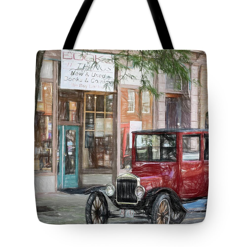 Model T Tote Bag featuring the photograph Model T and the Bookstore by Deborah Penland