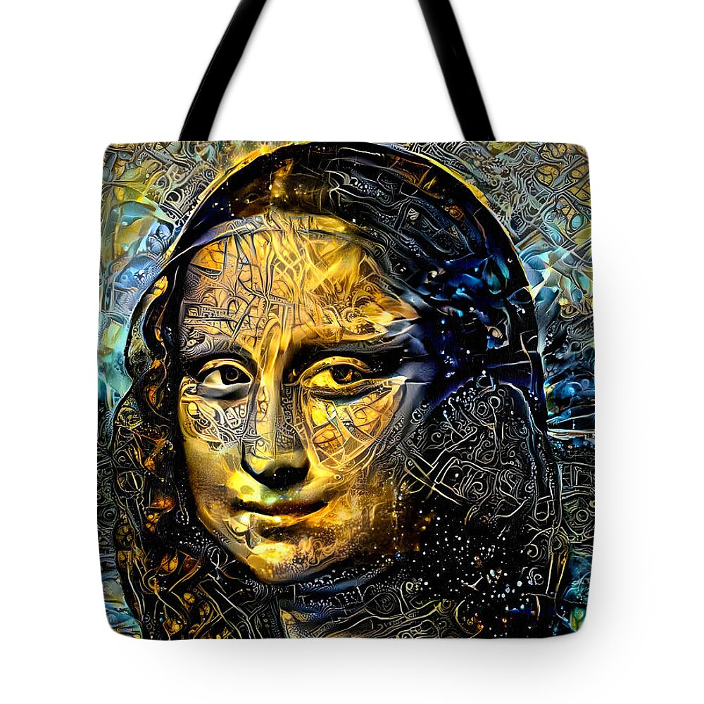 Mona Lisa Tote Bag featuring the digital art Mona Lisa by Leonardo da Vinci - golden night design by Nicko Prints