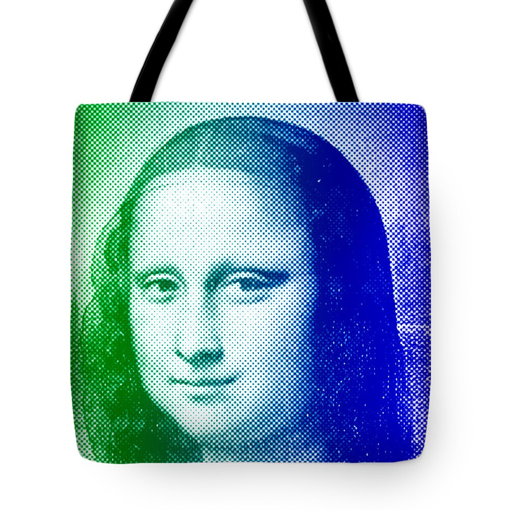Mona Lisa Tote Bag featuring the digital art Mona Lisa - green and blue halftone pattern by Nicko Prints