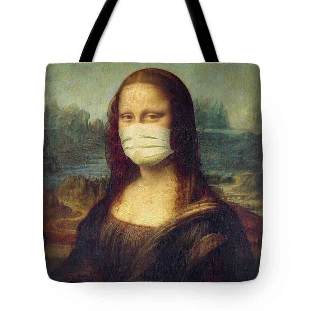 Mona Lisa Tote Bag featuring the painting Mona Lisa wearing a mask by Delphimages Photo Creations