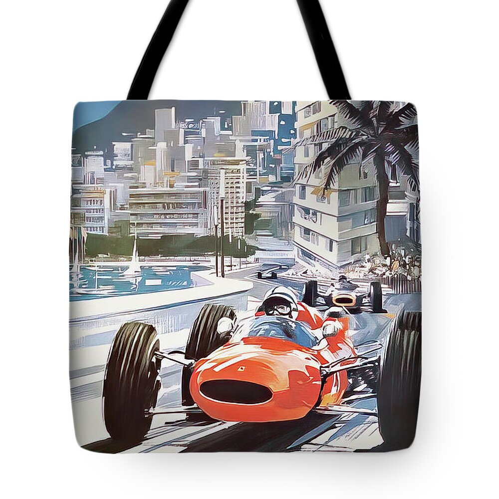 Monaco Tote Bag featuring the drawing Monaco 1965 Grand Prix by M G Whittingham