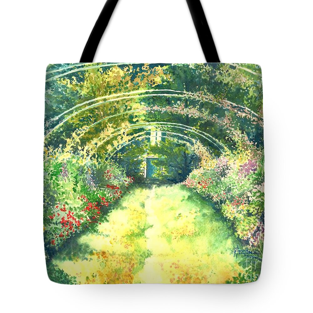 Autumn Tote Bag featuring the painting Monet's Garden Walkway by Merana Cadorette