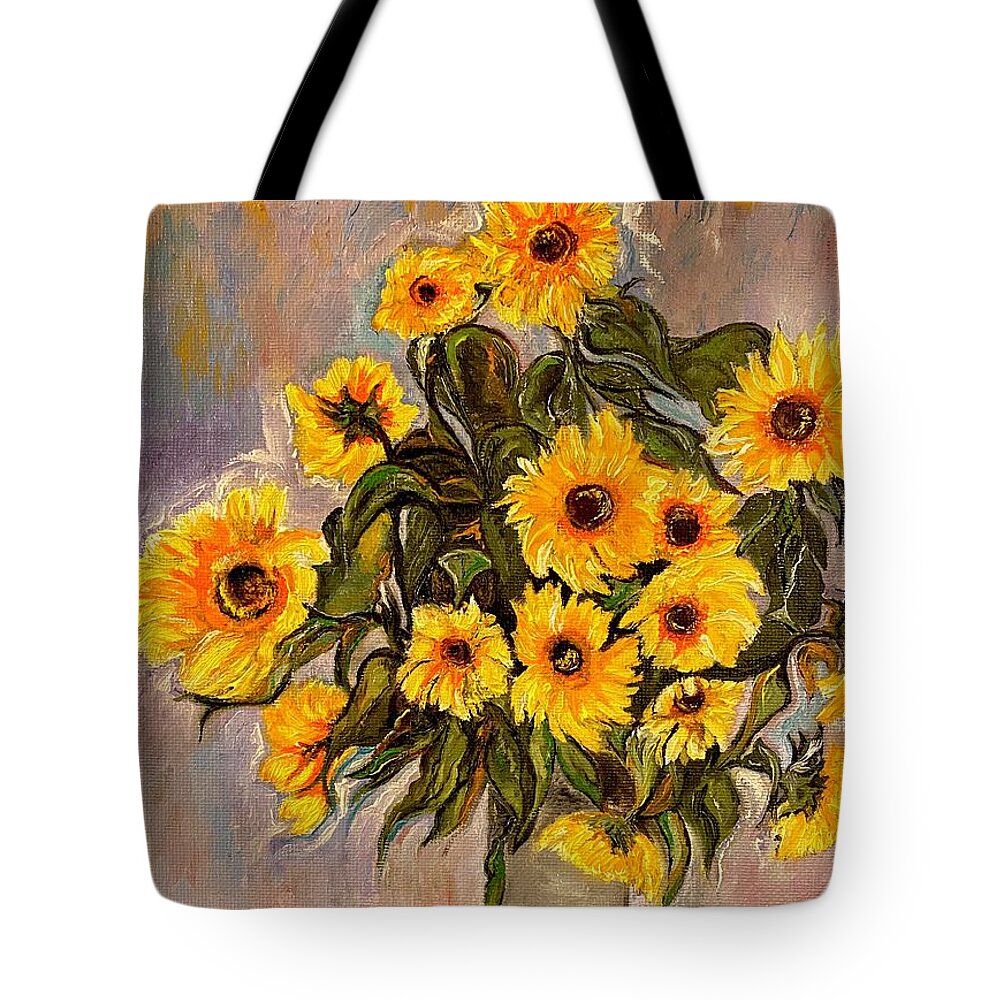 Sunflowers Tote Bag featuring the painting Monets Sunflowers by Anitra by Anitra Handley-Boyt