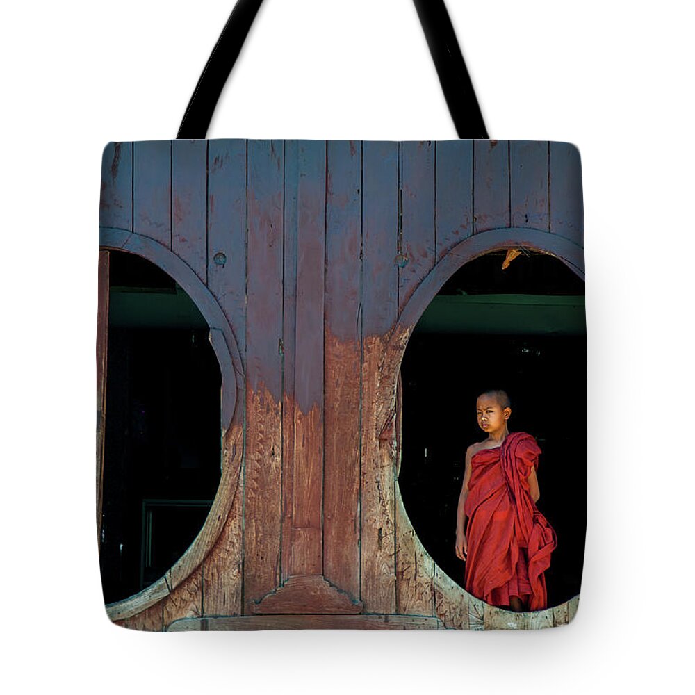 Monk Tote Bag featuring the photograph Monk at Shwe Yan Pyay Monastery by Arj Munoz