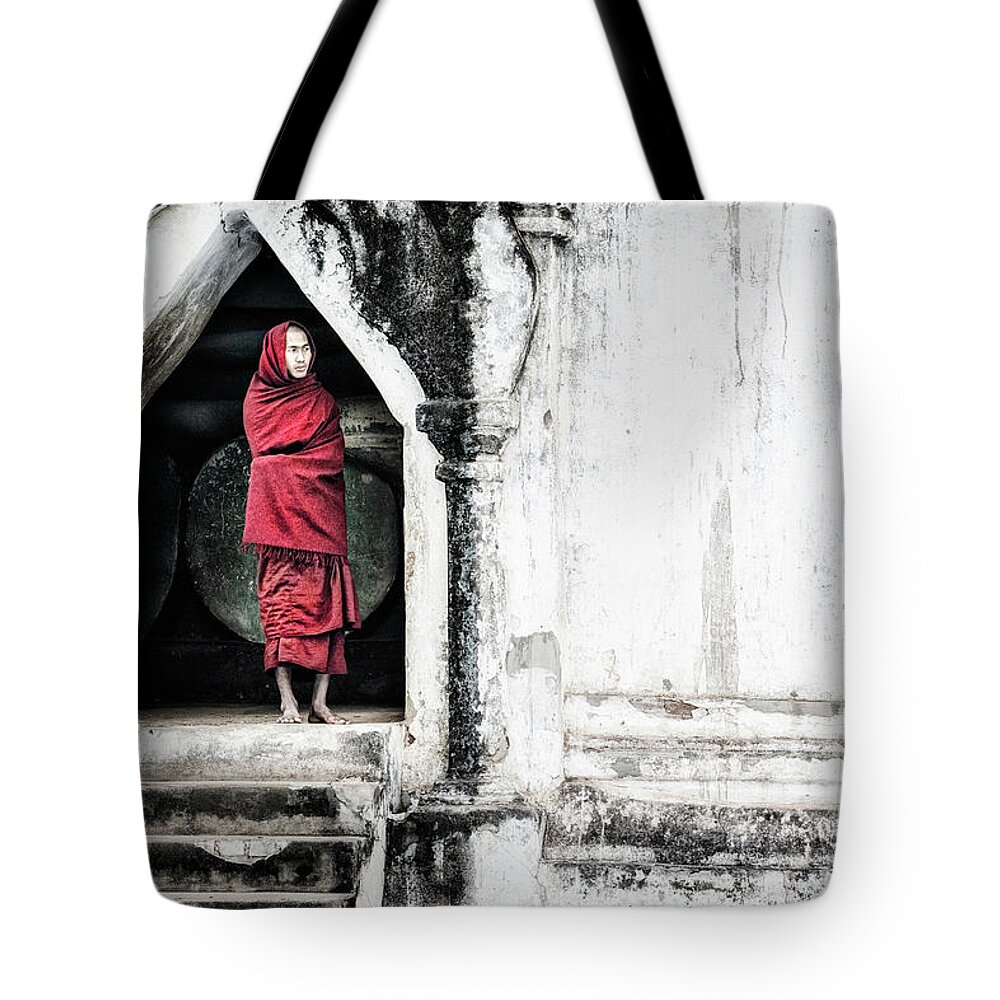 Monks Tote Bag featuring the photograph monk in Myin Ka Bar - Myanmar by Joana Kruse