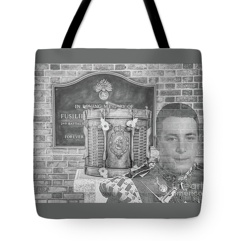 Monochrome Tote Bag featuring the photograph Monochrome Lee Rigby memorial bronze drum and plaque Middleton, memorial garden by Pics By Tony