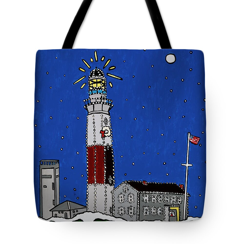 Montauk Lighthouse Christmas Tote Bag featuring the painting Montauk Christmas Lights by Mike Stanko